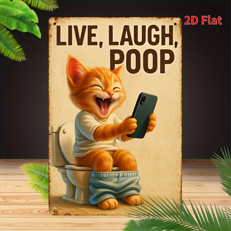 Home Bathroom Sign - Funny Cat on Toilet Wall Art